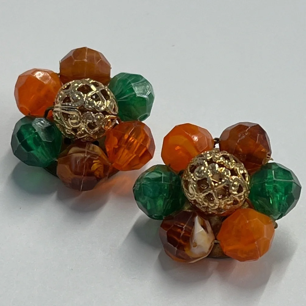 Vintage Multi Color Lucite Bead Cluster Fruit Salad Clip on Copper Back Earrings